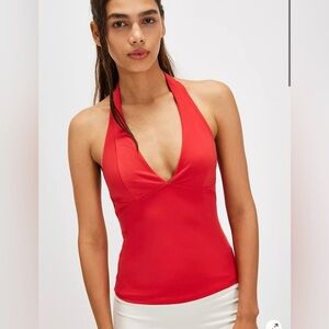 Free People Still Here Halter Halter Crop Top in Cherry Red Athleisure NWT